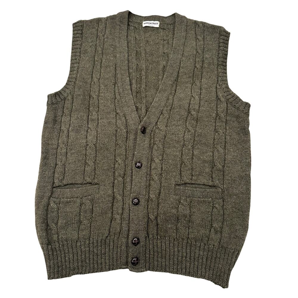 Vintage Wool Cableknit Button Up V-Neck Vest Preppy Academia Heritage Green, M
